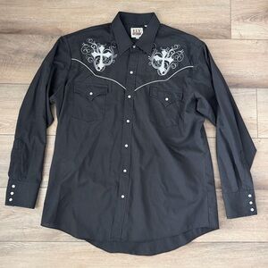 ELY Cattleman Black Embroidered Cross Western Pearl Snap Shirt L